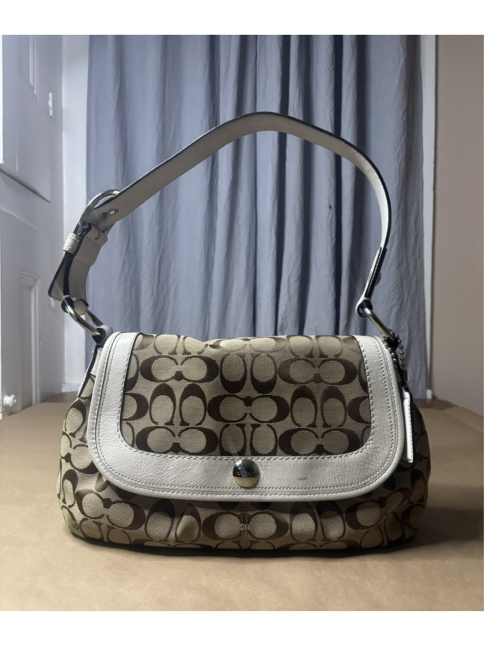 Coach Soho Pleated Signature Shoulder Bag F13739 Khaki White Leather Y2K